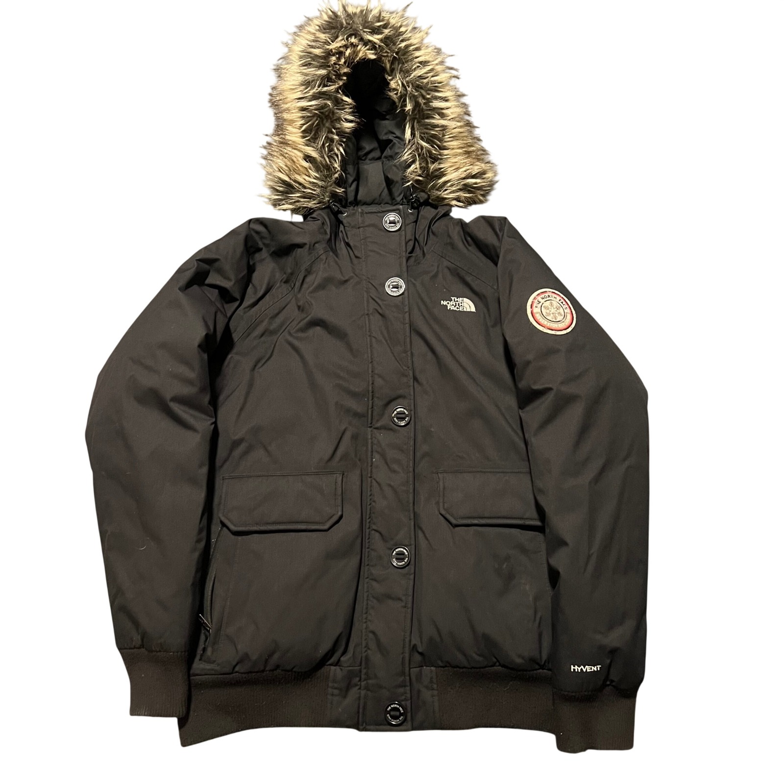 The North Face Hyvent Arctic Bomber Jacket Black Womens Large Faux Fur Hood